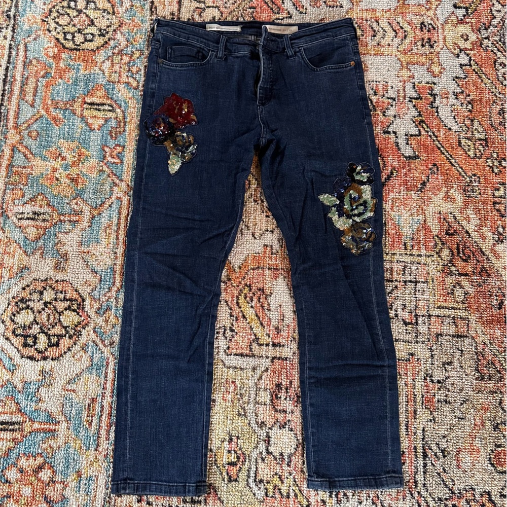 Anthropologie Dark Blue Embroidered Jeans